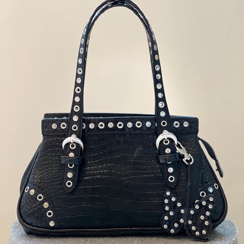 Black Leather Desmo Bag with Butterfly Tag